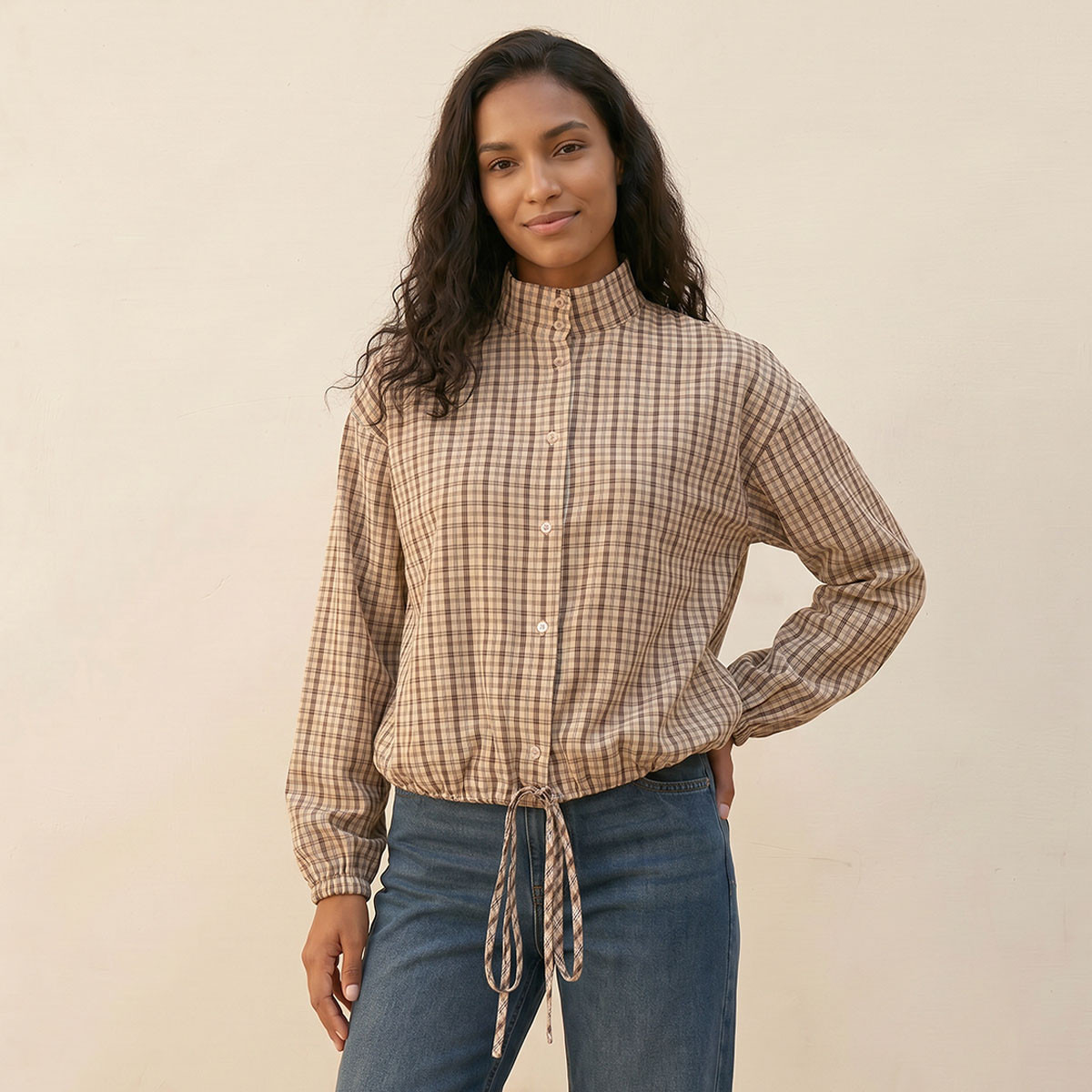 Lee Cooper Cotton Checked Shirt with Funnel Neck-women-clothing-shirtsandblouses-shirts-image-1