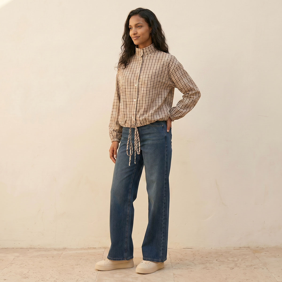 Lee Cooper Cotton Checked Shirt with Funnel Neck-women-clothing-shirtsandblouses-shirts-image-3