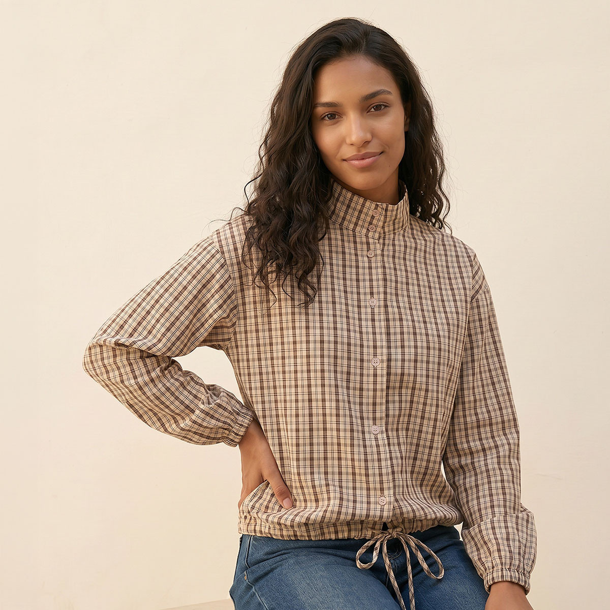 Lee Cooper Cotton Checked Shirt with Funnel Neck-women-clothing-shirtsandblouses-shirts-image-5