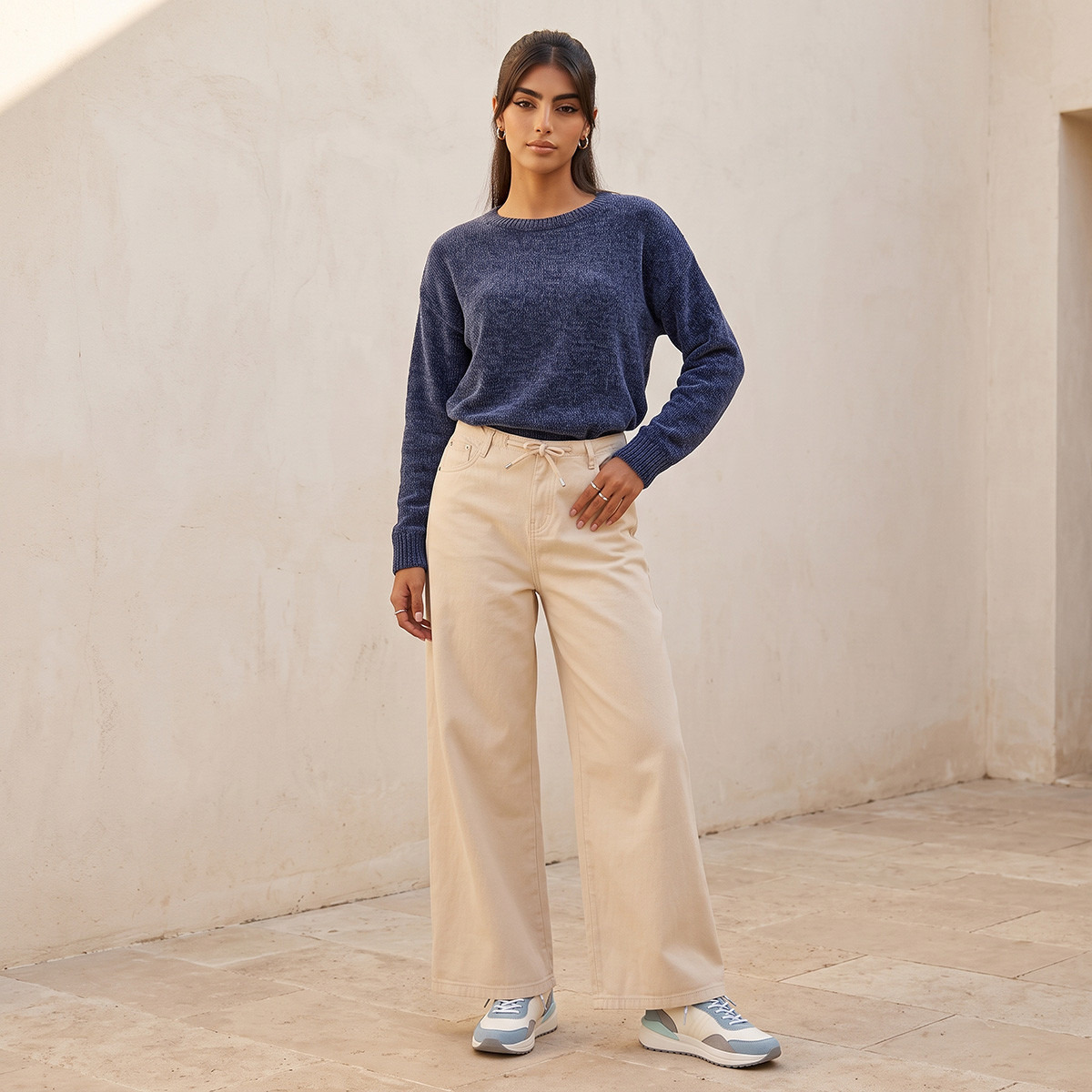 بنطلون قطن بقصة مستقيمة وخصر برباط من لي كوبر-women-clothing-bottoms-jeans-image-3