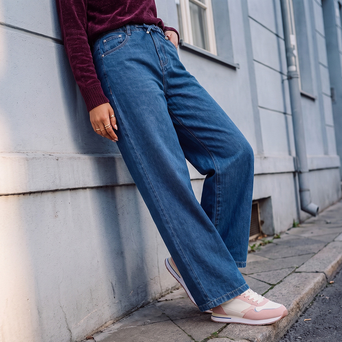 بنطلون قطن بقصة مستقيمة وخصر برباط من لي كوبر-women-clothing-bottoms-jeans-image-1