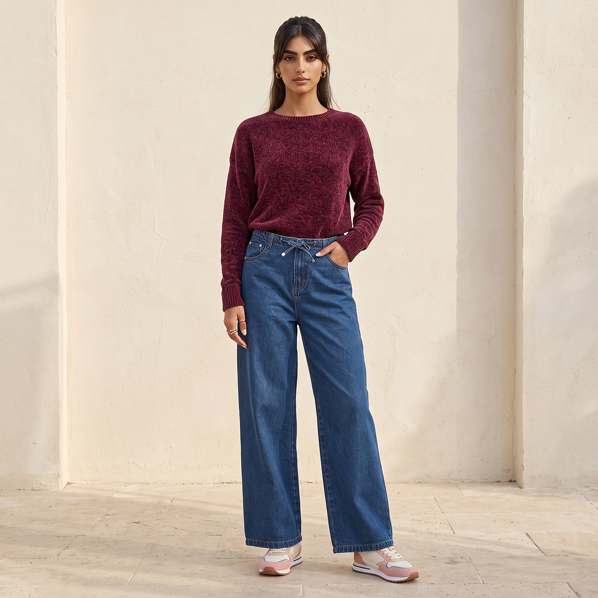بنطلون قطن بقصة مستقيمة وخصر برباط من لي كوبر-women-clothing-bottoms-jeans-image-3