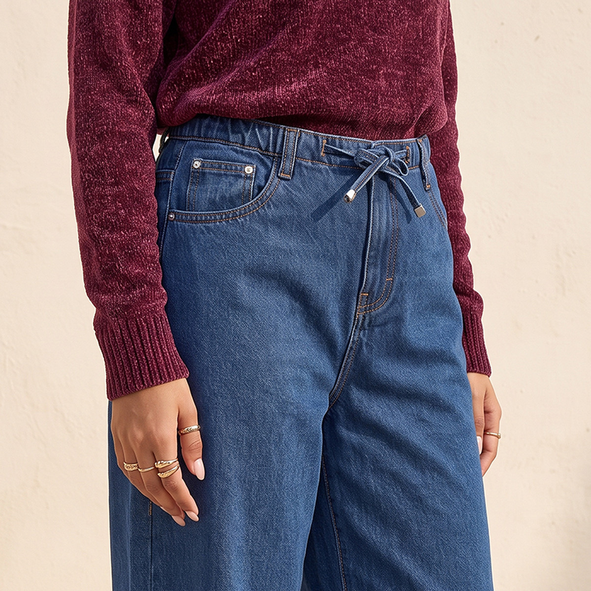 بنطلون قطن بقصة مستقيمة وخصر برباط من لي كوبر-women-clothing-bottoms-jeans-image-6