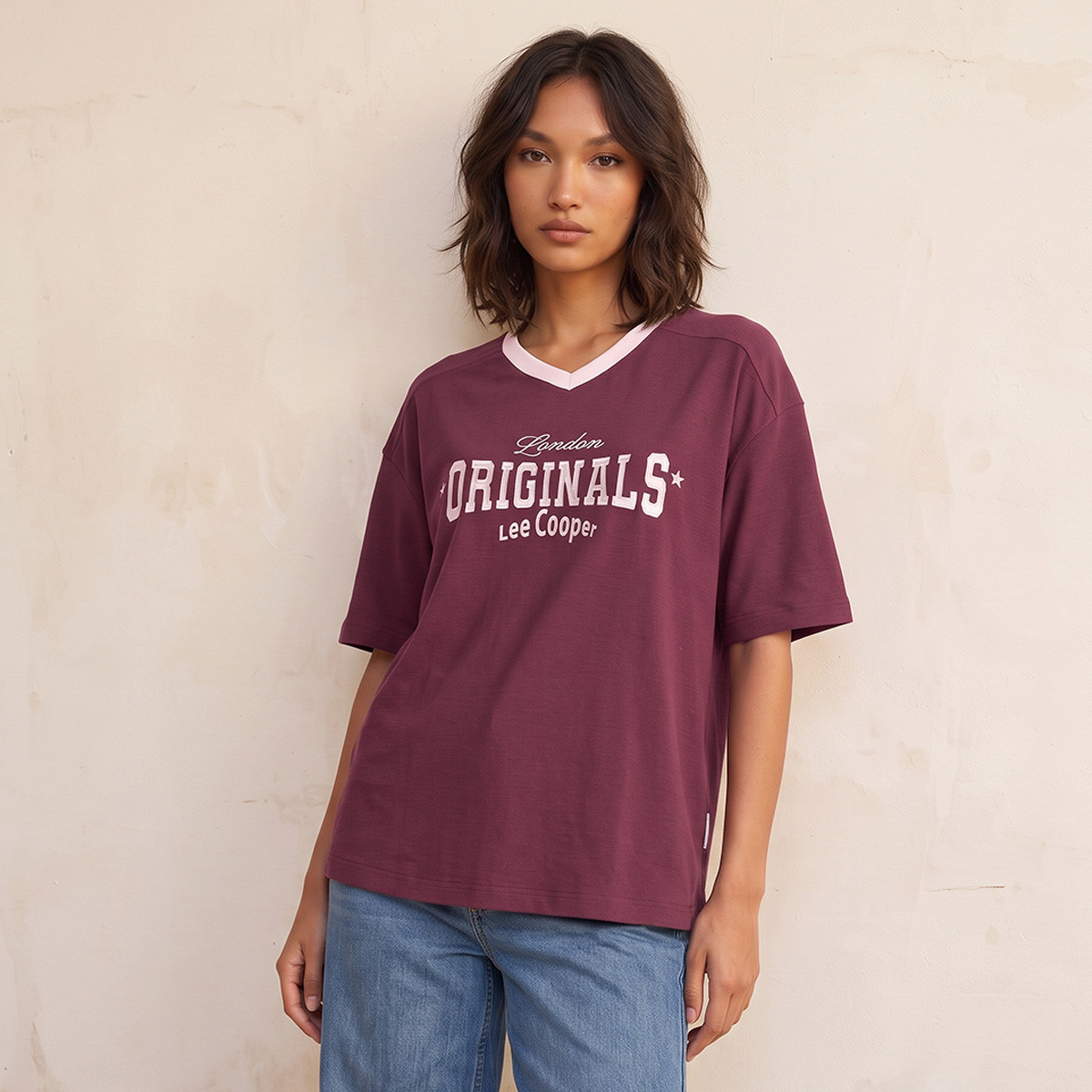 Lee Cooper V-neck Short Sleeves Embroidered T-shirt-women-clothing-tshirts-image-1