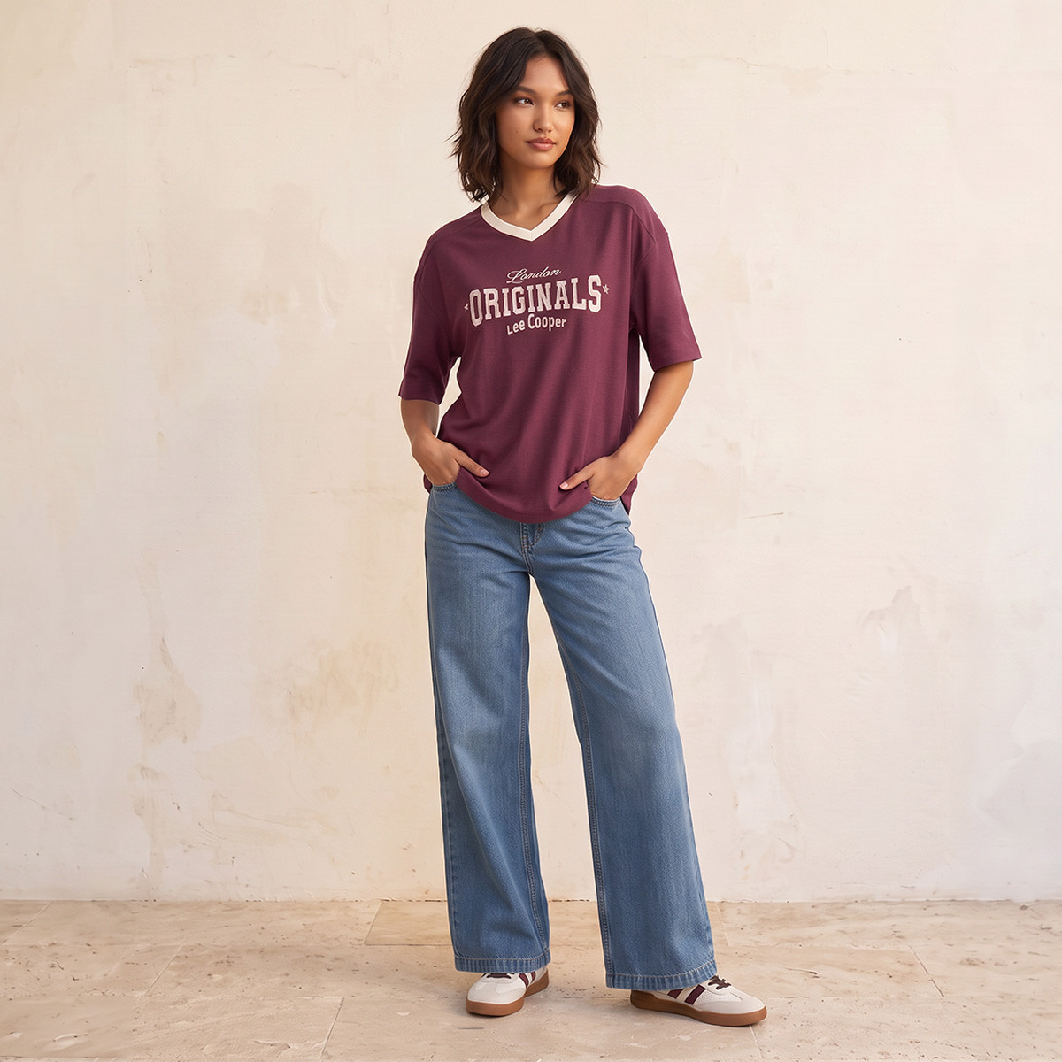 Lee Cooper V-neck Short Sleeves Embroidered T-shirt-women-clothing-tshirts-image-2