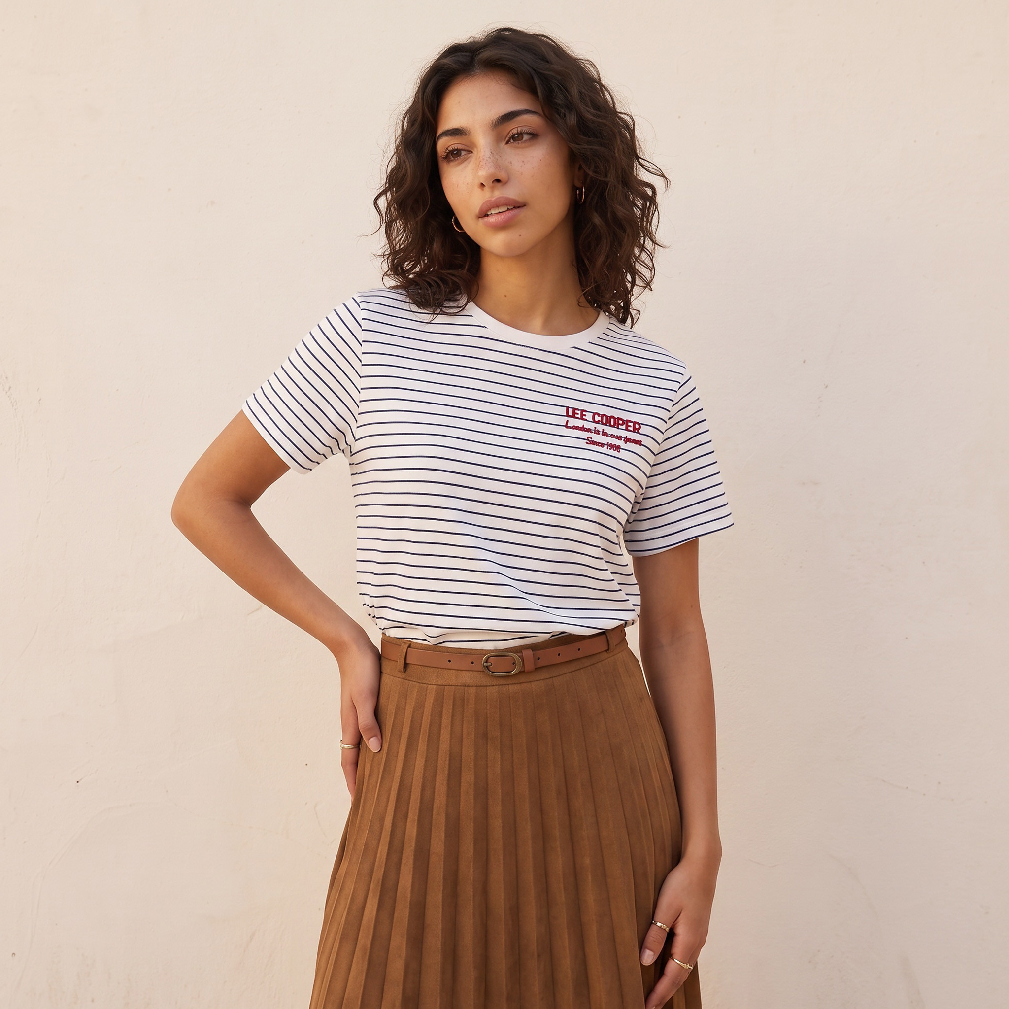 تيشيرت قطن مقلم بقصة مريحة من لي كوبر-women-clothing-tshirts-image-1