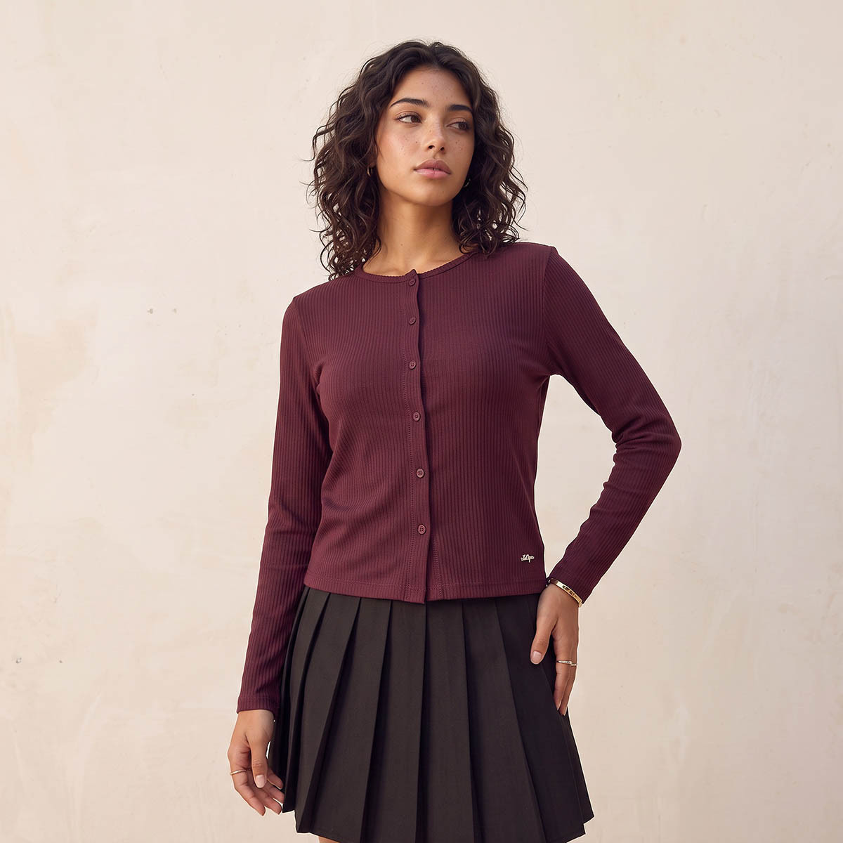 Lee Cooper Ribbed Henley Cardigan with Scallop Trim-women-clothing-cardigansandjumpers-cardigans-image-2