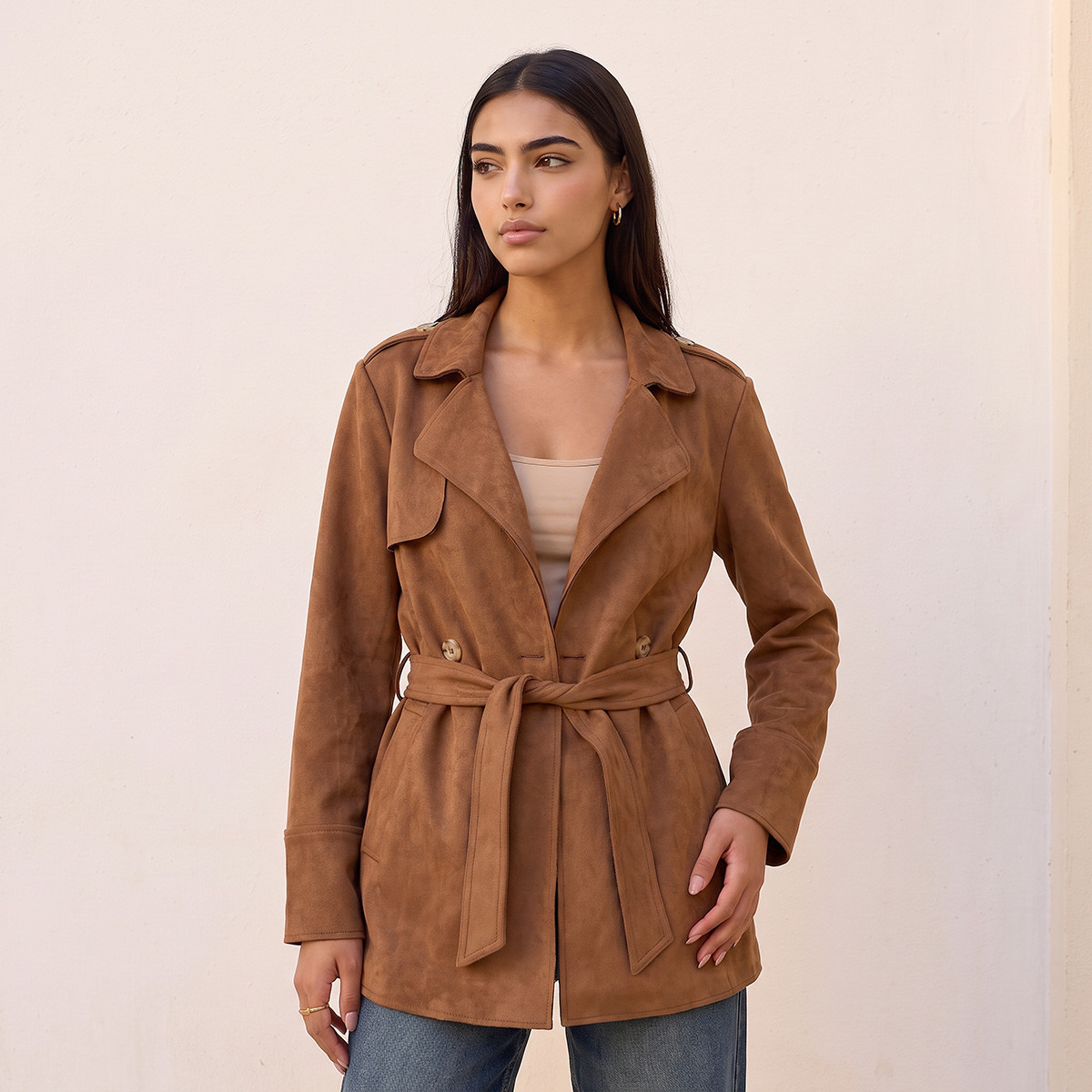 Lee Cooper Suede Trench Jacket with Belt-women-winterwear-coatsandjackets-jackets-image-1
