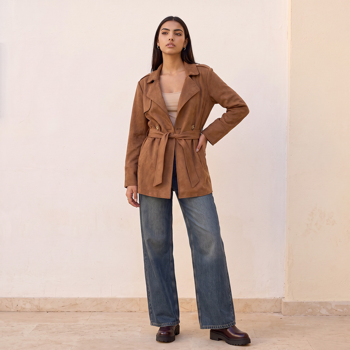Lee Cooper Suede Trench Jacket with Belt-women-winterwear-coatsandjackets-jackets-image-2