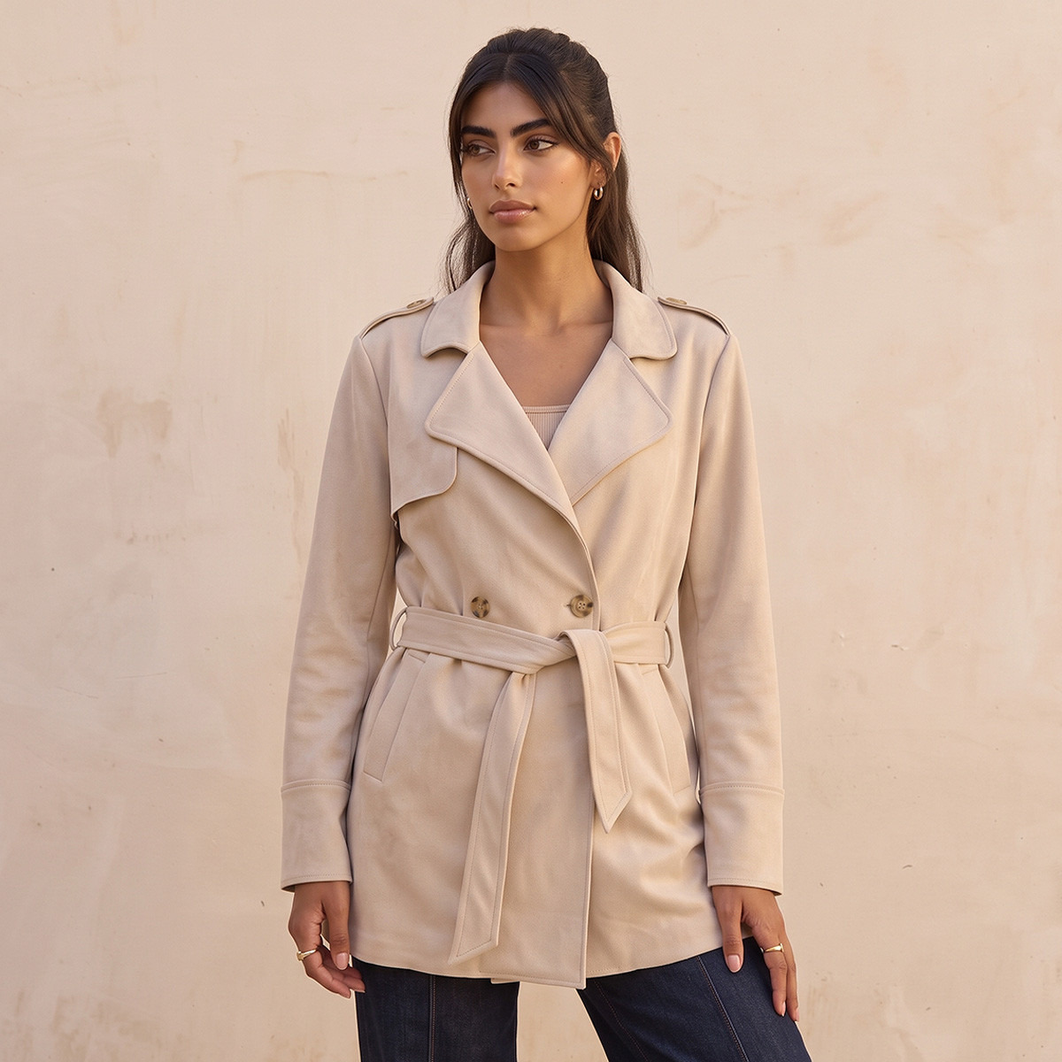 Lee Cooper Suede Trench Jacket with Belt-women-winterwear-coatsandjackets-jackets-image-1