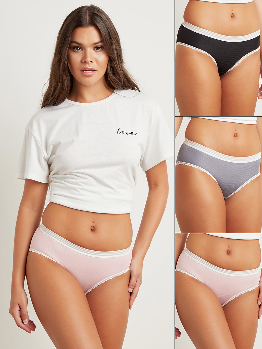 Styli Pack of 3 - Cotton Ribbed Lace Trim Short-women-clothing-lingerie-panties-image-1