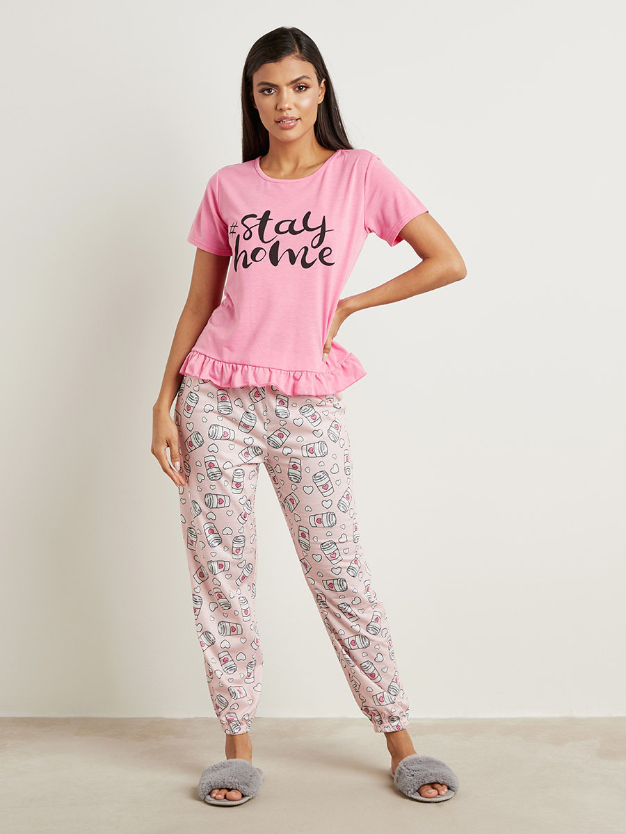 Styli Stay Home Printed Ruffled T-shirt and Cuffed Pyjama Set-women-clothing-nightwear-pyjamas-longsets-image-1