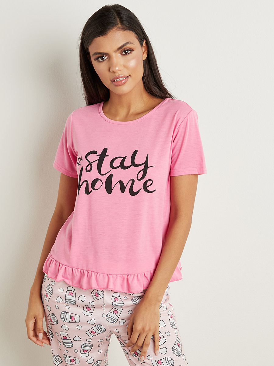 بيجاما من تيشيرت بكشكش وبنطلون من ستايلي-women-clothing-nightwear-pyjamas-longsets-image-2