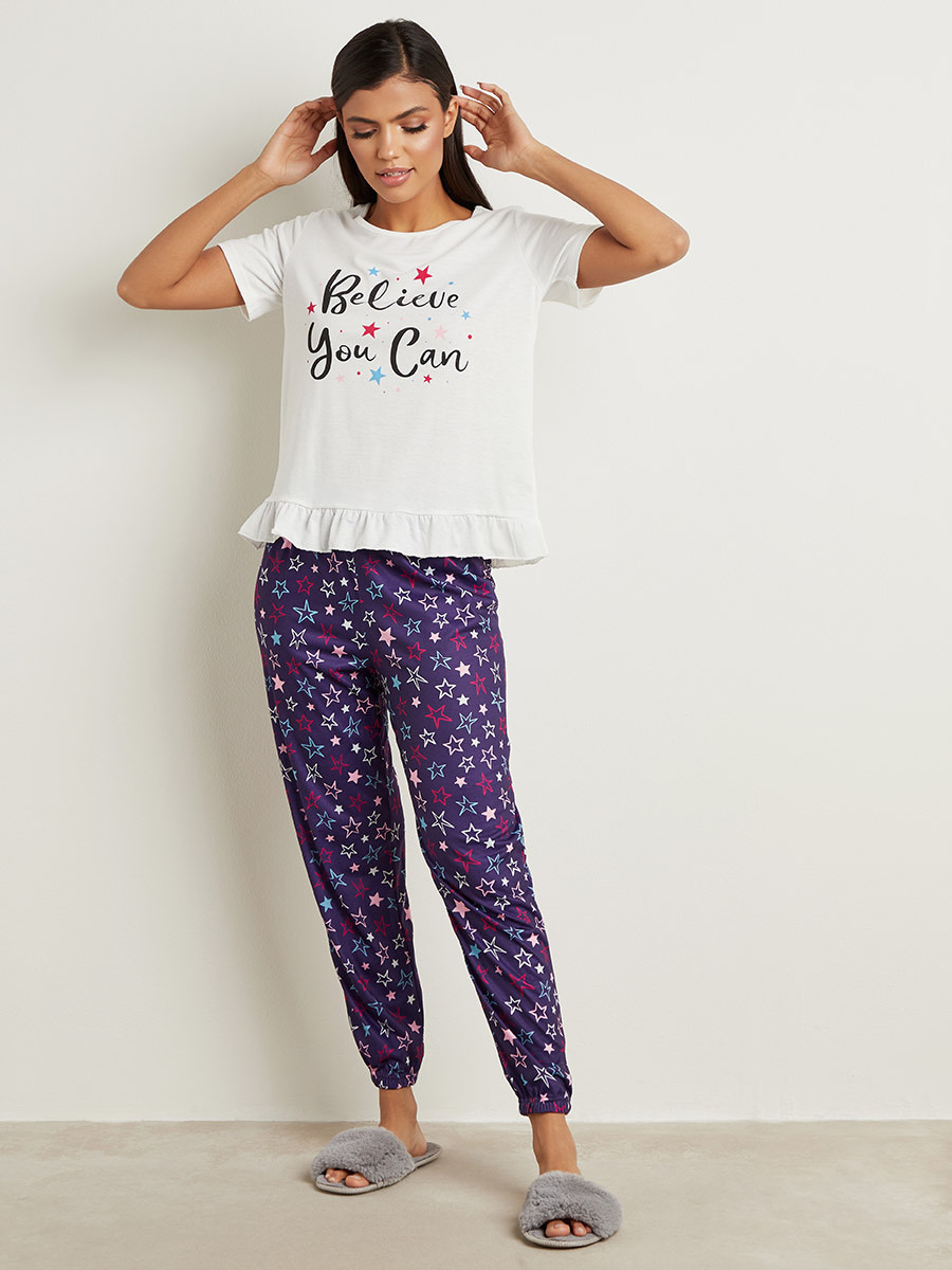 Styli Believe You Can Slogan Printed T-shirt and Cuffed Pyjama Set-women-clothing-nightwear-pyjamas-longsets-image-2