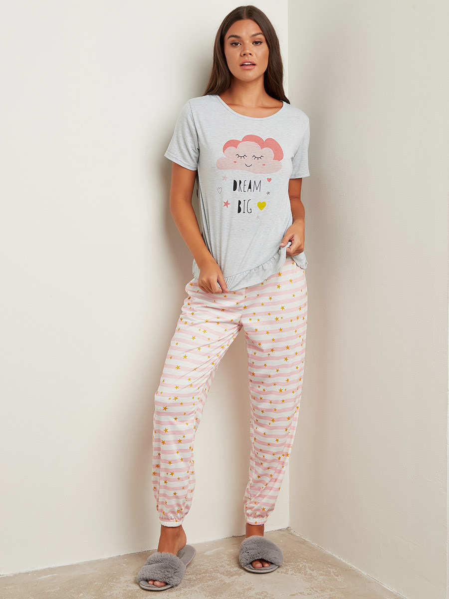 مجموعة من تيشيرت مطبوع وبنطلون بيجاما من ستايلي-women-clothing-nightwear-pyjamas-longsets-image-5