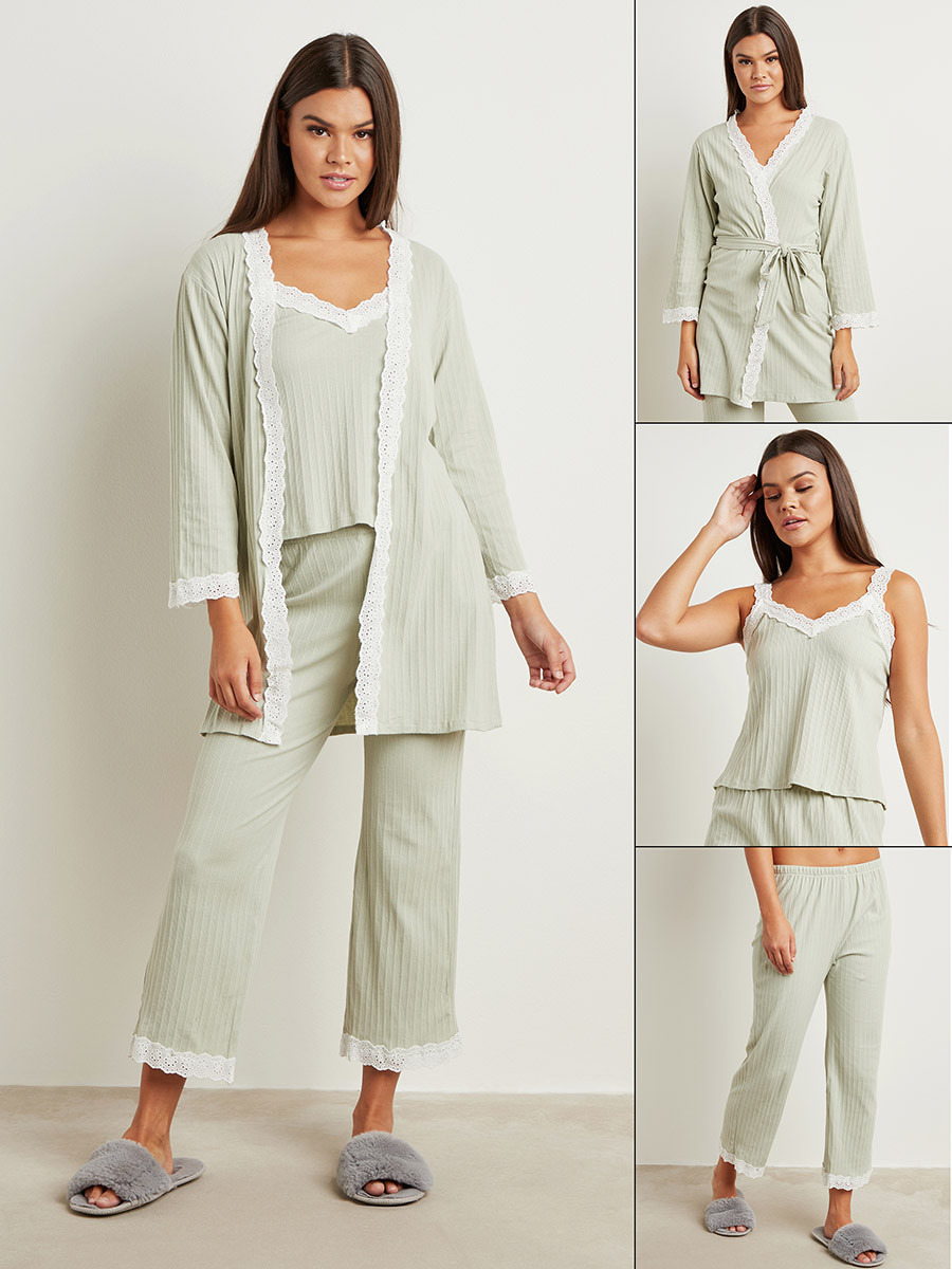 مجموعة من 3 بلوزة وبنطلون سادة وروب بحزام من ستايلي-women-clothing-nightwear-pyjamas-longsets-image-1