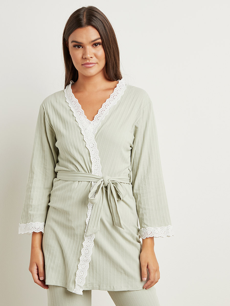 مجموعة من 3 بلوزة وبنطلون سادة وروب بحزام من ستايلي-women-clothing-nightwear-pyjamas-longsets-image-2