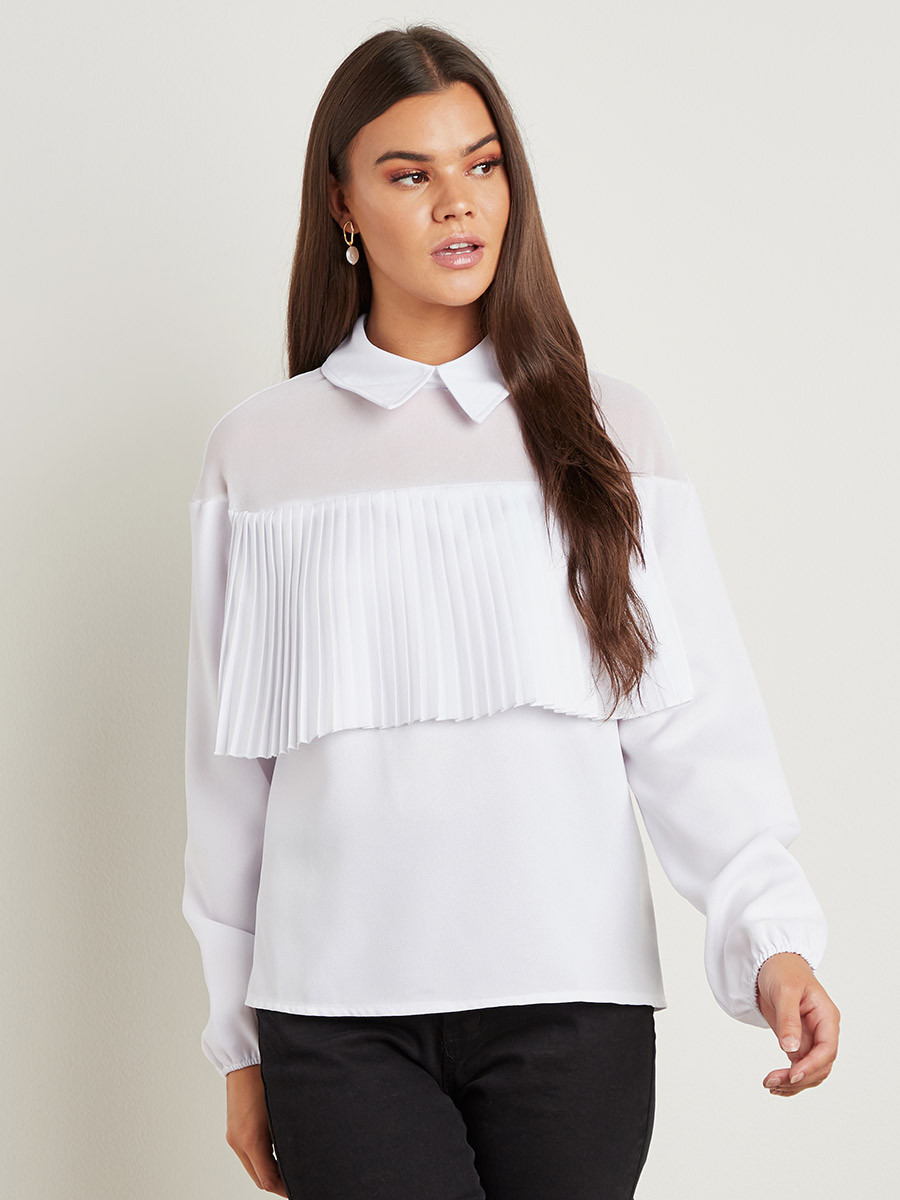 Styli Pleated Detail Collared Long Sleeves Top-women-clothing-shirtsandblouses-blouses-image-1