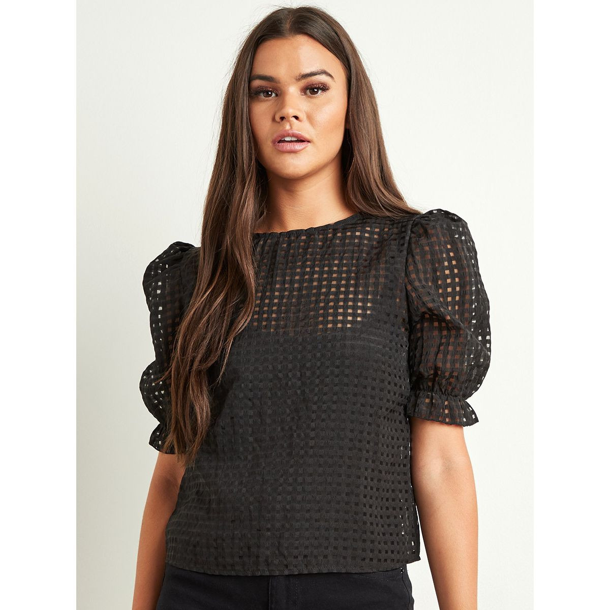 Styli Checked Sheer Puff Sleeves Top -women-clothing-shirtsandblouses-blouses-image-1