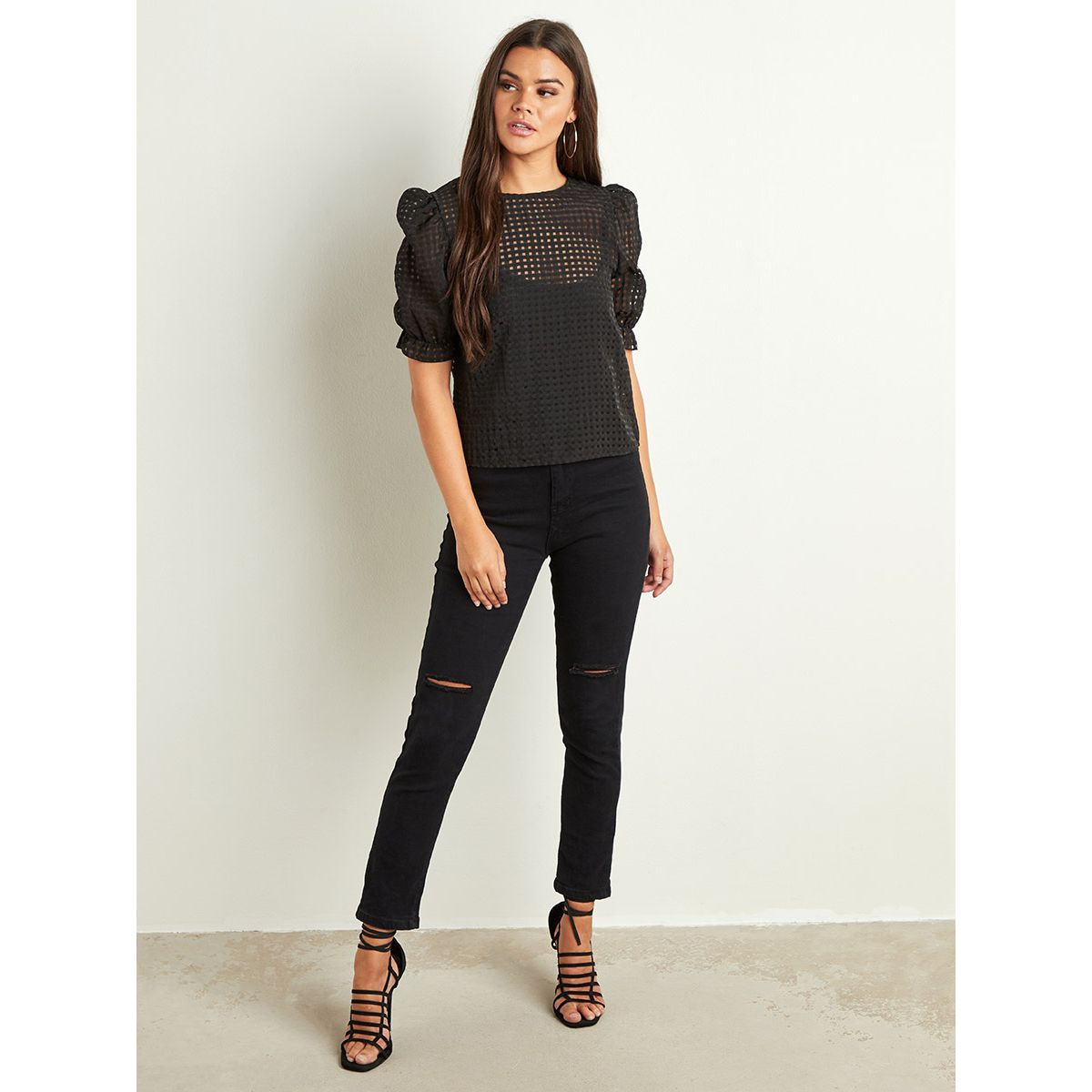 Styli Checked Sheer Puff Sleeves Top -women-clothing-shirtsandblouses-blouses-image-2