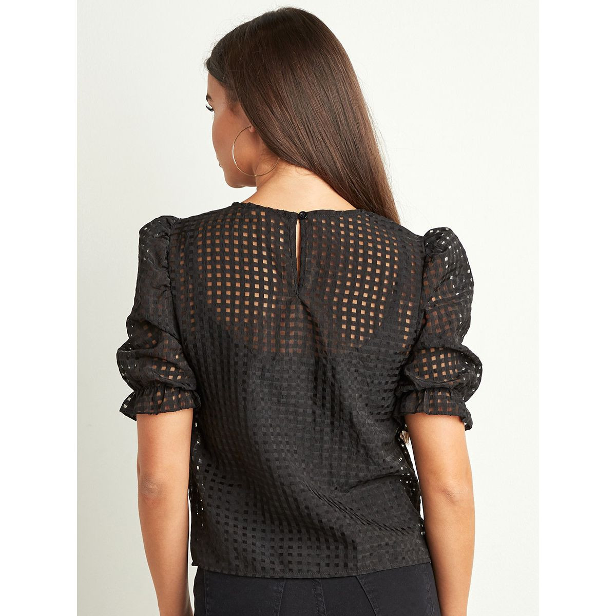 Styli Checked Sheer Puff Sleeves Top -women-clothing-shirtsandblouses-blouses-image-3