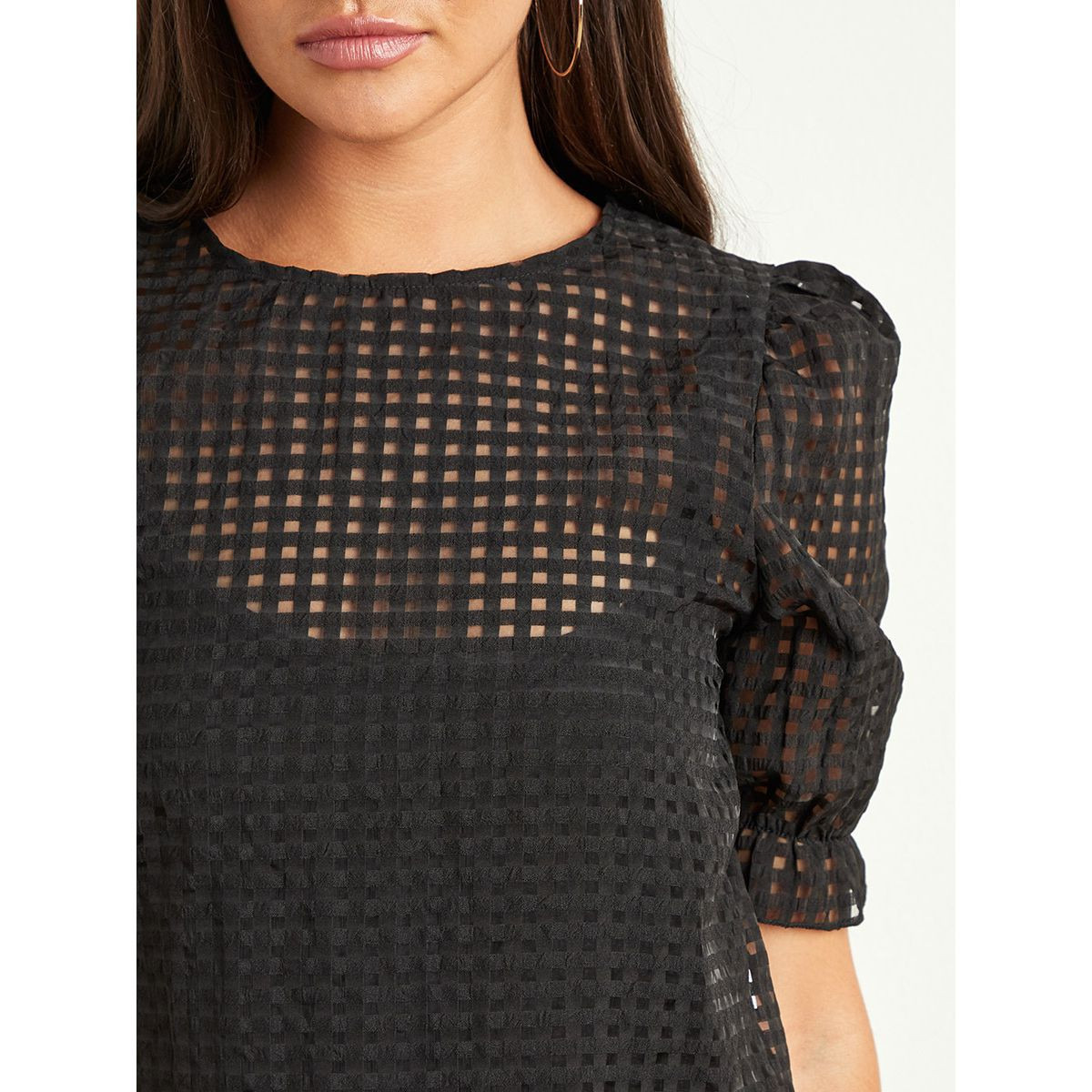 Styli Checked Sheer Puff Sleeves Top -women-clothing-shirtsandblouses-blouses-image-4