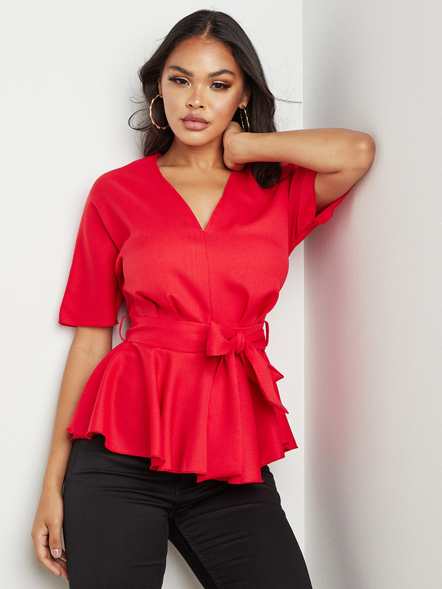 بلوزة سادة بأكمام قصيرة وقصة واسعة من ستايلي-women-clothing-shirtsandblouses-blouses-image-1