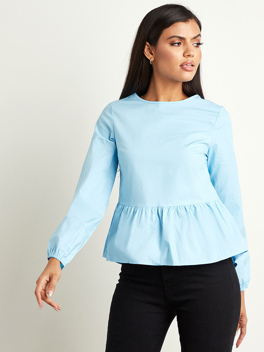 Styli Plain Round Neck Peplum Top with Long Sleeves-women-clothing-shirtsandblouses-blouses-image-1