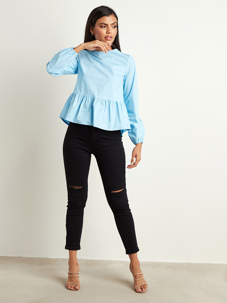 Styli Plain Round Neck Peplum Top with Long Sleeves-women-clothing-shirtsandblouses-blouses-image-2
