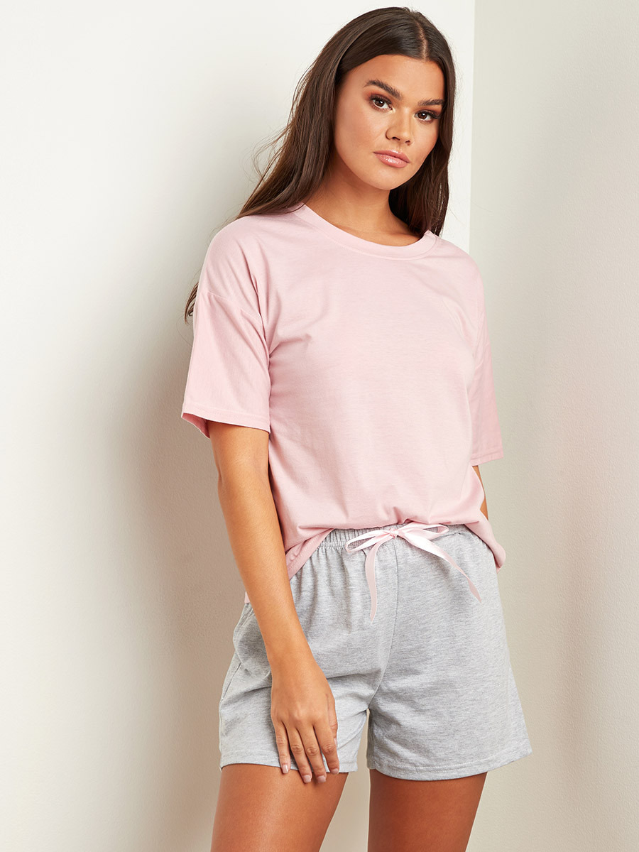 Styli Plain Round Neck Relaxed Fit T-shirt and Short Set-women-clothing-nightwear-pyjamas-bottoms-image-1