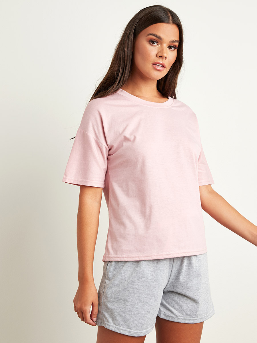 Styli Plain Round Neck Relaxed Fit T-shirt and Short Set-women-clothing-nightwear-pyjamas-bottoms-image-2