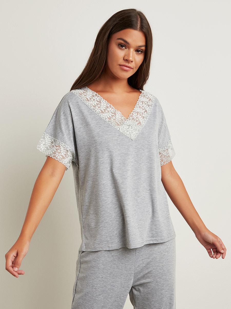 Styli Lace Trim T-shirt and Pyjama Set-women-clothing-nightwear-pyjamas-longsets-image-2
