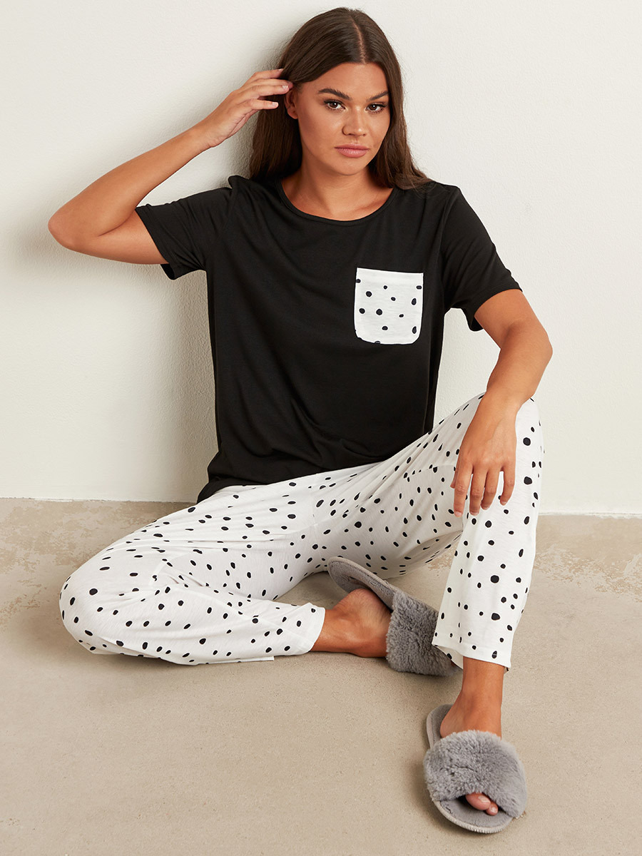 Styli Printed Pocket Regular Fit T-shirt and Polka Dot Pyjama Set-women-clothing-nightwear-pyjamas-bottoms-image-1