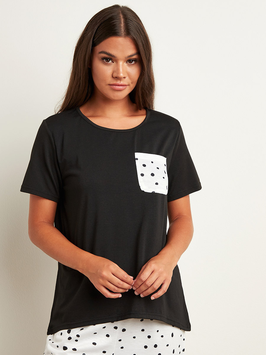 Styli Printed Pocket Regular Fit T-shirt and Polka Dot Pyjama Set-women-clothing-nightwear-pyjamas-bottoms-image-2