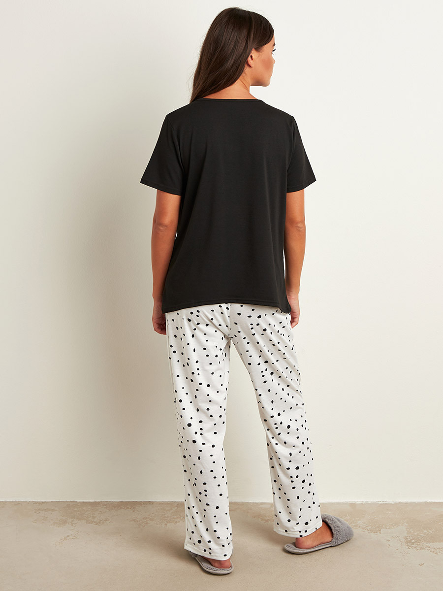 Styli Printed Pocket Regular Fit T-shirt and Polka Dot Pyjama Set-women-clothing-nightwear-pyjamas-bottoms-image-5