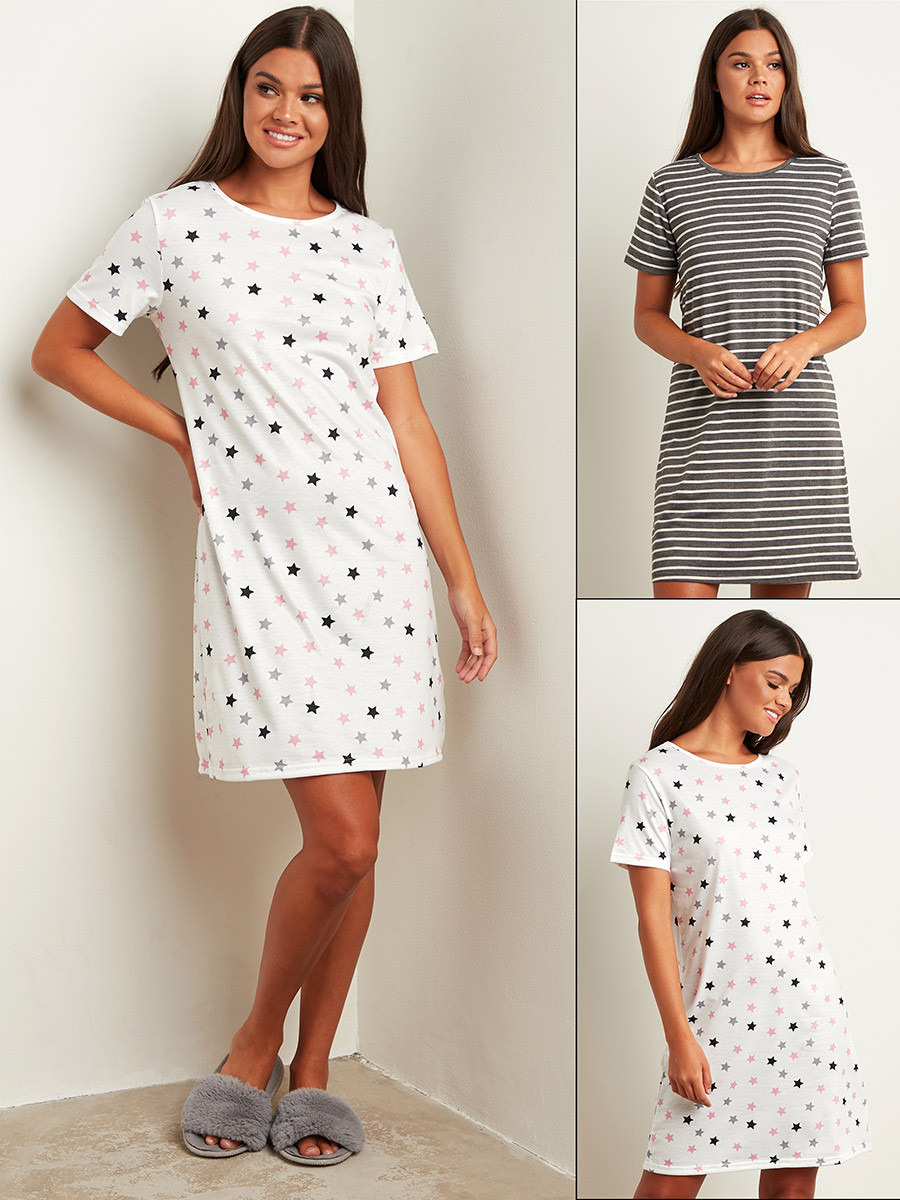 مجموعة من 2 فستان نوم مطبوع بتصميم تيشيرت من ستايلي-women-clothing-nightwear-nighties-image-1