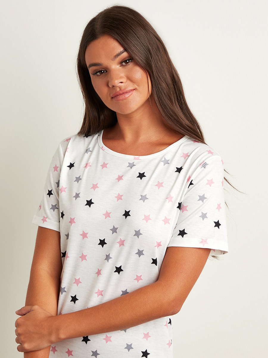Styli Pack of 2 - Star and Striped Printed Regular Fit T Sleep T-shirt Dress-women-clothing-nightwear-nighties-image-2