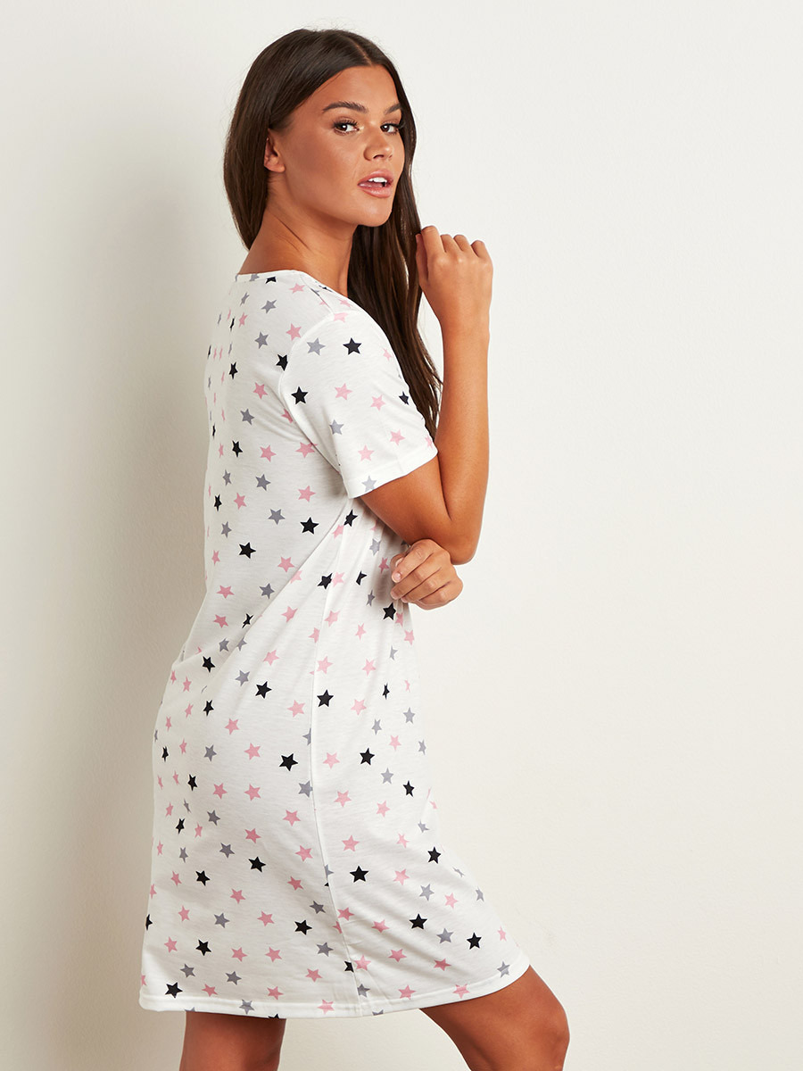 Styli Pack of 2 - Star and Striped Printed Regular Fit T Sleep T-shirt Dress-women-clothing-nightwear-nighties-image-3