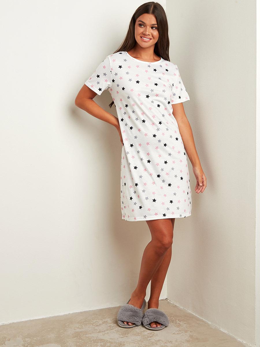 Styli Pack of 2 - Star and Striped Printed Regular Fit T Sleep T-shirt Dress-women-clothing-nightwear-nighties-image-4