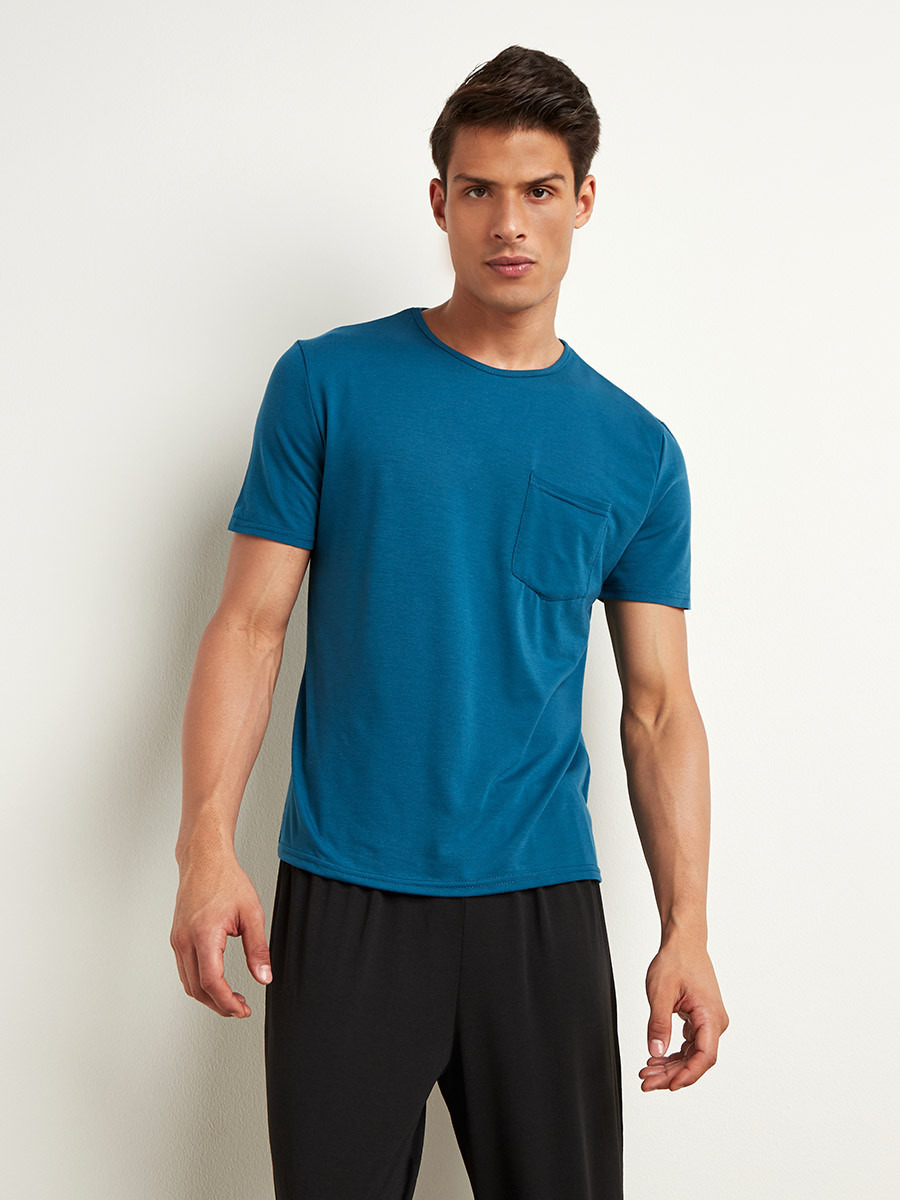 Solid Pocket T-shirt and Straight Leg Pyjama Set-men-clothing-nightwear-tshirts-image-2