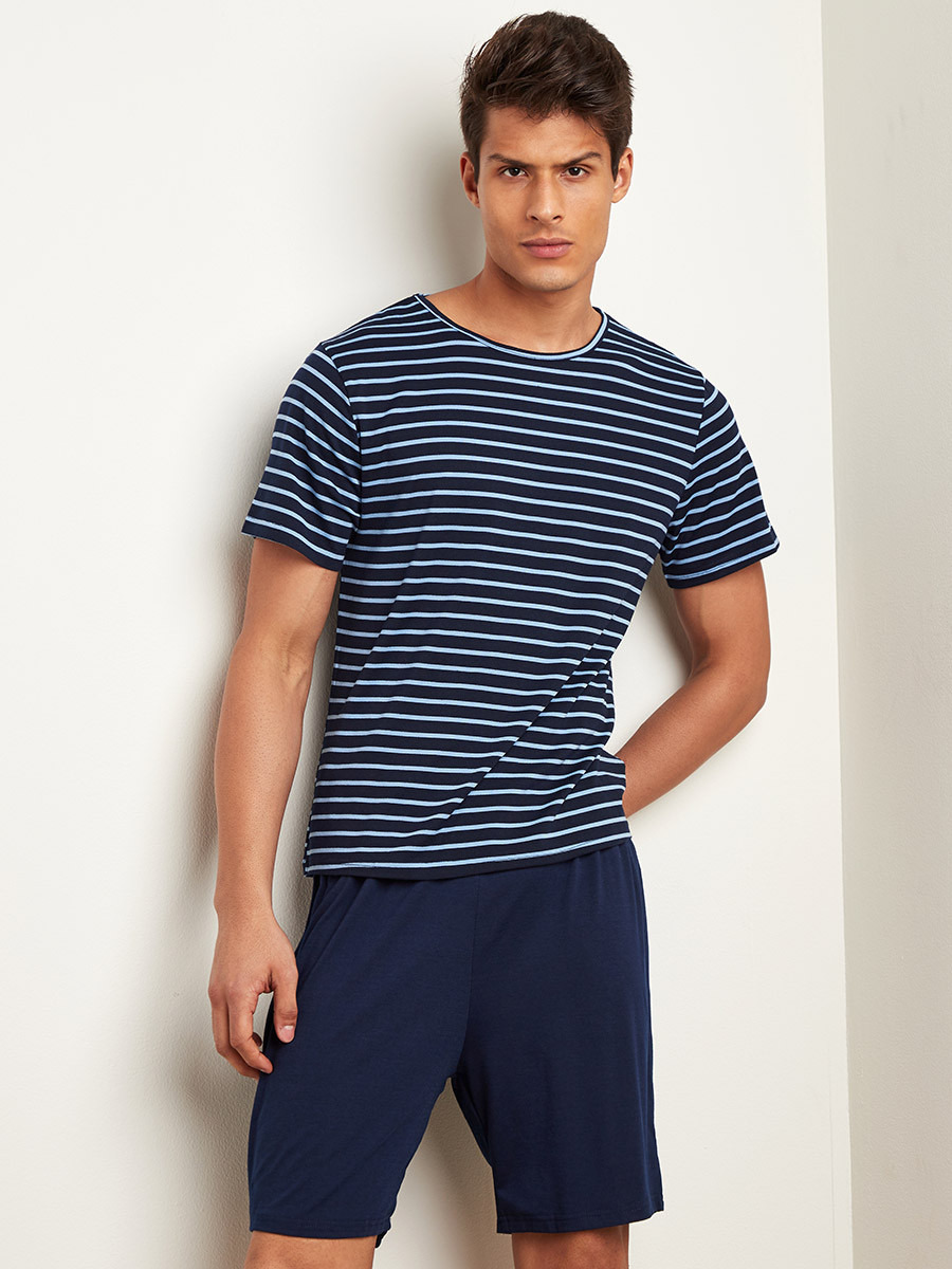 Striped Regular Fit T-shirt and Plain Shorts Set-men-clothing-nightwear-tshirts-image-1