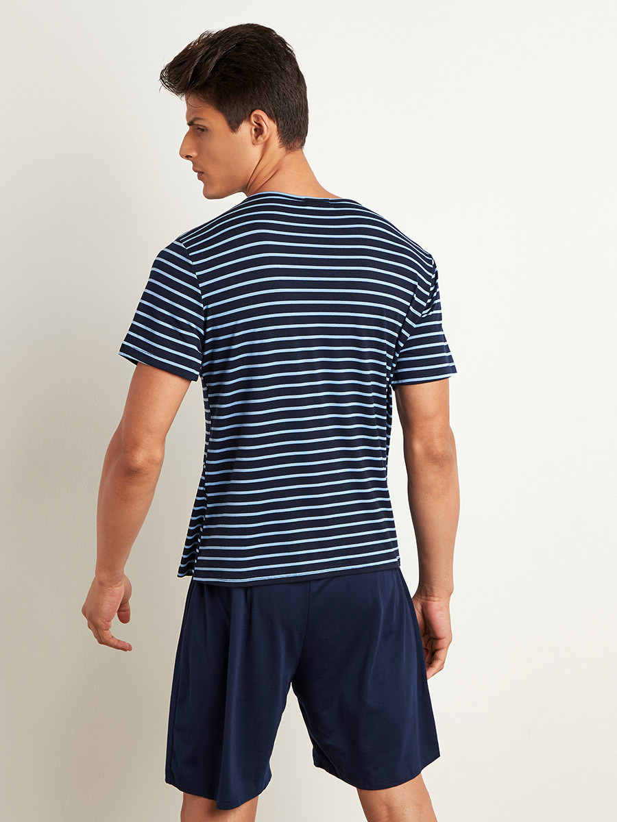 Striped Regular Fit T-shirt and Plain Shorts Set-men-clothing-nightwear-tshirts-image-3