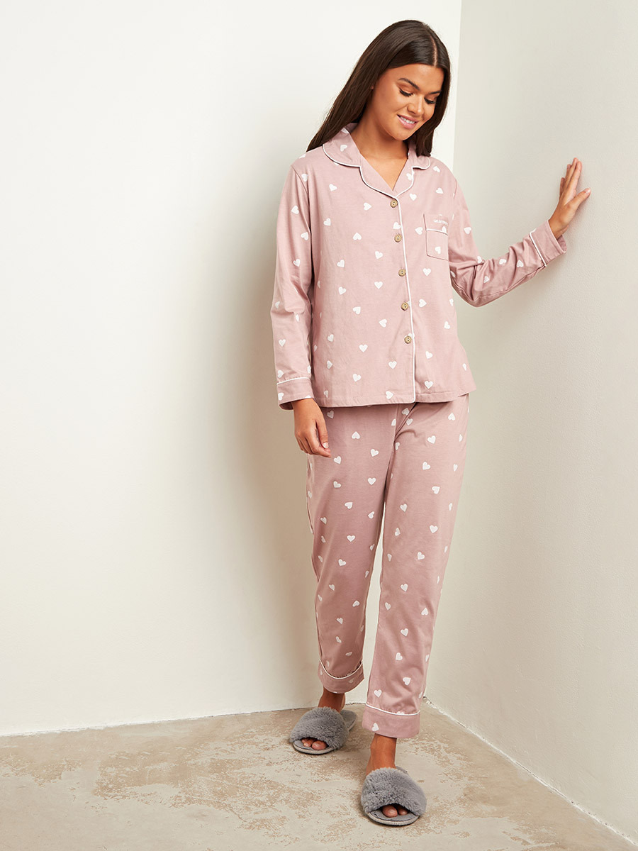 Styli Heart Printed Button Through Shirt and Straight Leg Pyjama Set-women-clothing-nightwear-pyjamas-longsets-image-4