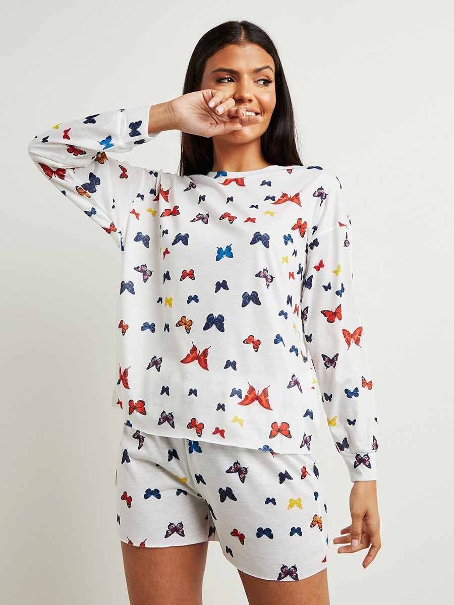 Styli AOP Butterfly Long Sleeves T-shirt and Short Set -women-clothing-nightwear-pyjamas-bottoms-image-2