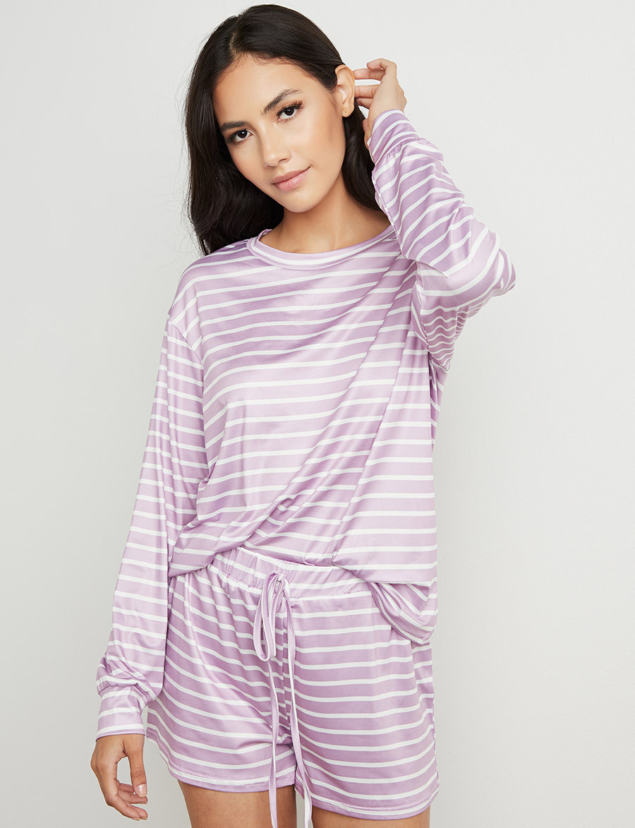 مجموعة من تيشيرت مخطط بأكمام طويلة وشورت من ستايلي-women-clothing-nightwear-pyjamas-bottoms-image-1