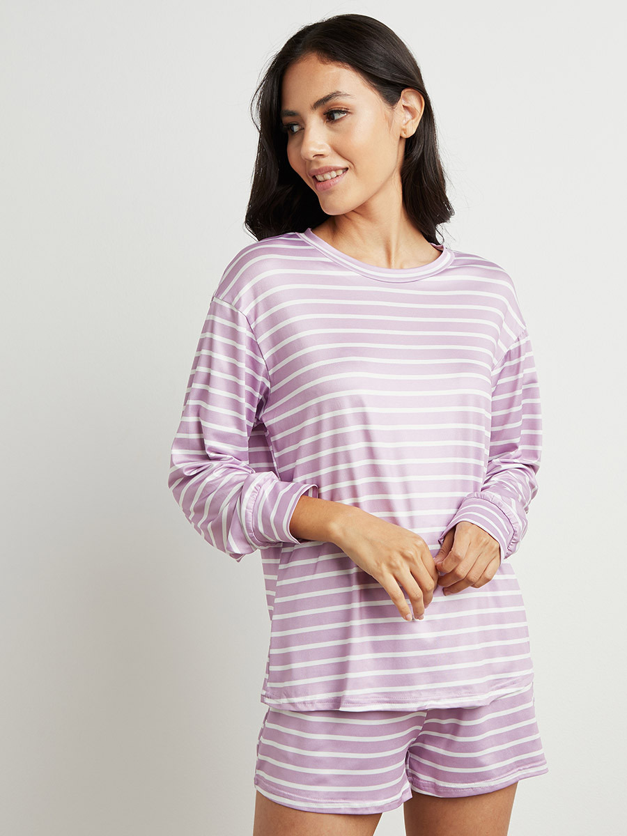 مجموعة من تيشيرت مخطط بأكمام طويلة وشورت من ستايلي-women-clothing-nightwear-pyjamas-bottoms-image-4