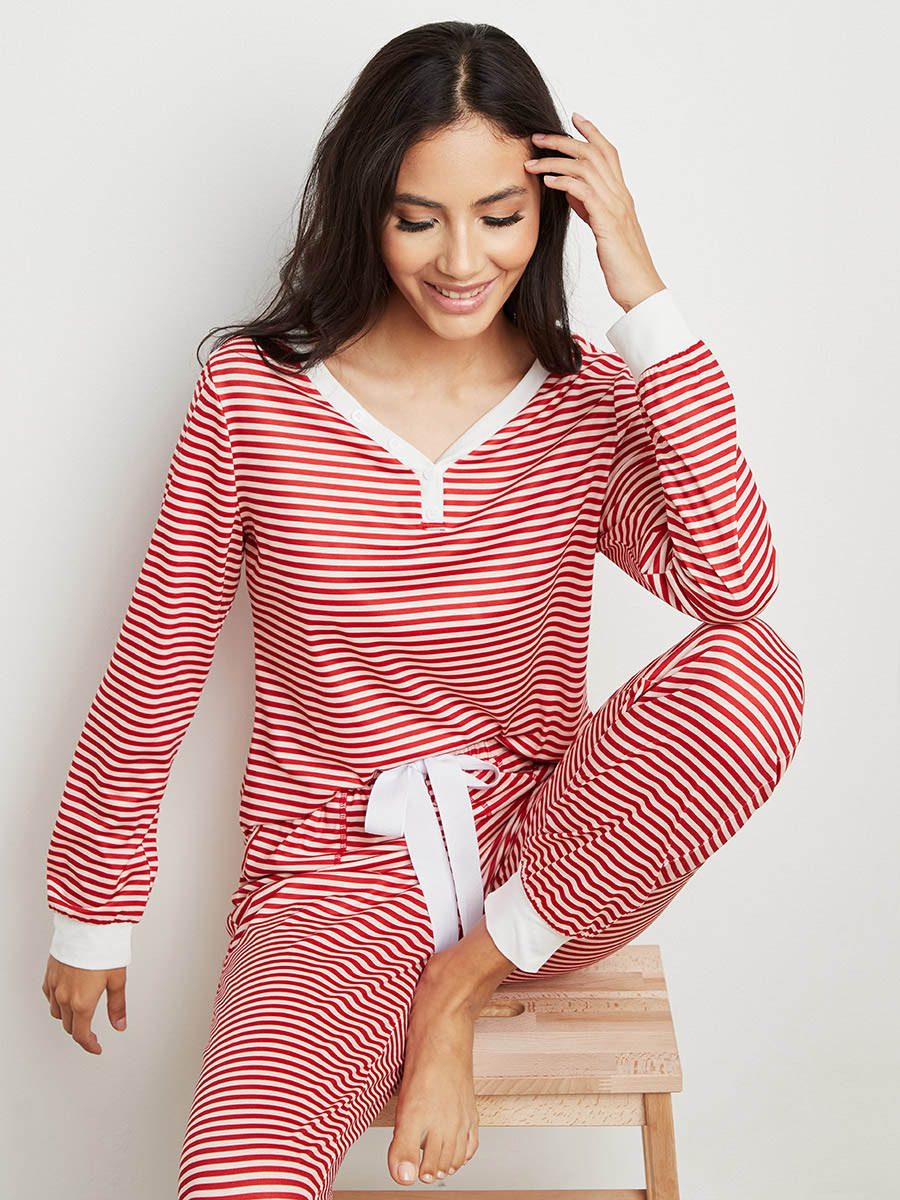 Styli Striped Button Detail Long Sleeves T-shirt and Cuffed Pyjama Set-women-clothing-nightwear-pyjamas-bottoms-image-1