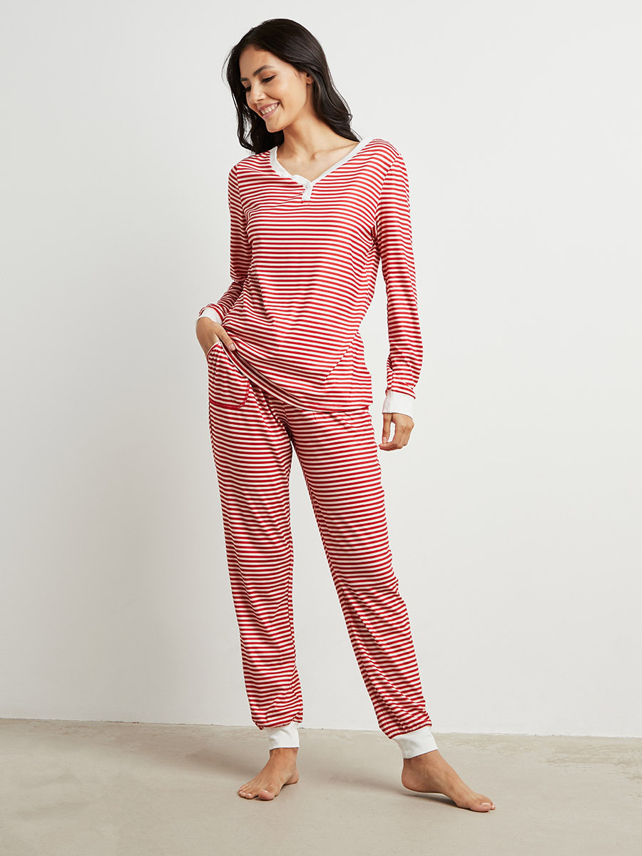 Styli Striped Button Detail Long Sleeves T-shirt and Cuffed Pyjama Set-women-clothing-nightwear-pyjamas-bottoms-image-5