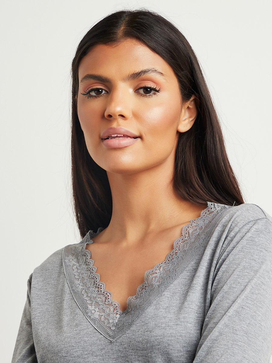 Styli Lace Trim Long Sleeves Sleep T-shirt Dress-women-clothing-nightwear-nighties-image-3