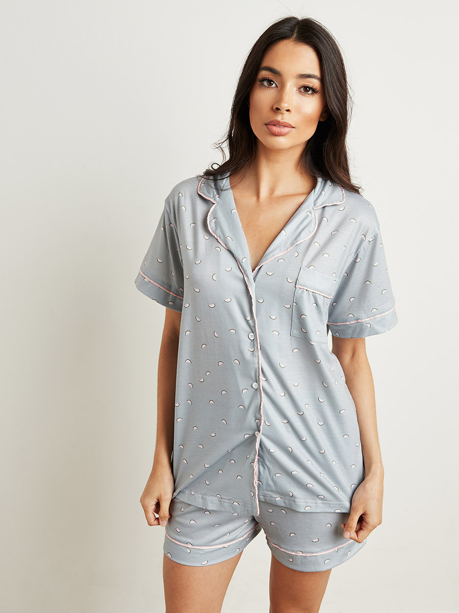 Styli Ditsy Printed Button Through Shirt and Shorts Set-women-clothing-nightwear-pyjamas-longsets-image-1